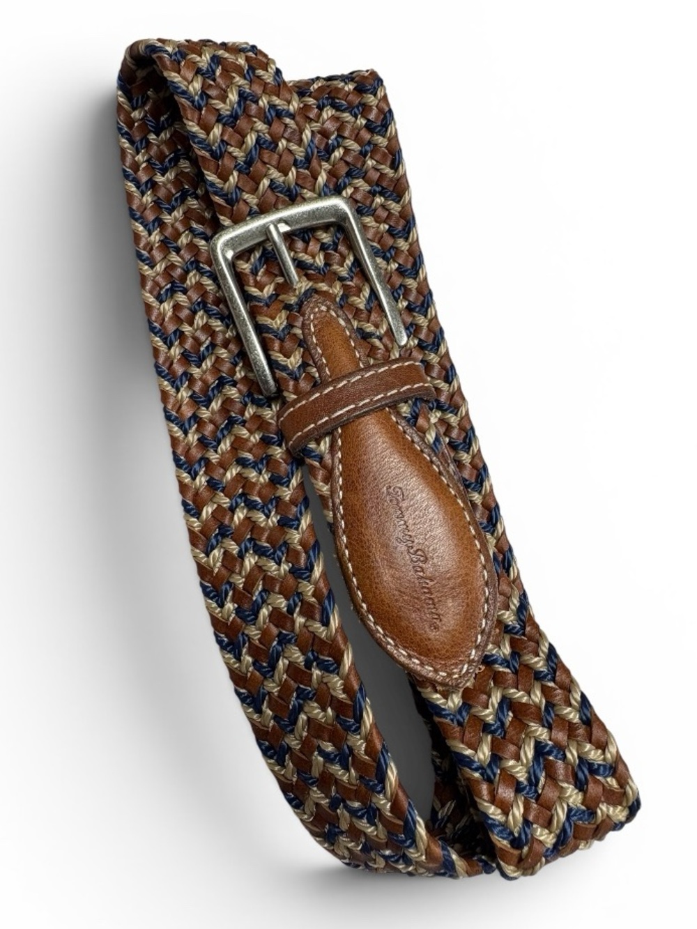 Tommy Bahama Braided Woven Leather Fabric Belt Sz L Men’s 38-40 Silver Hardware